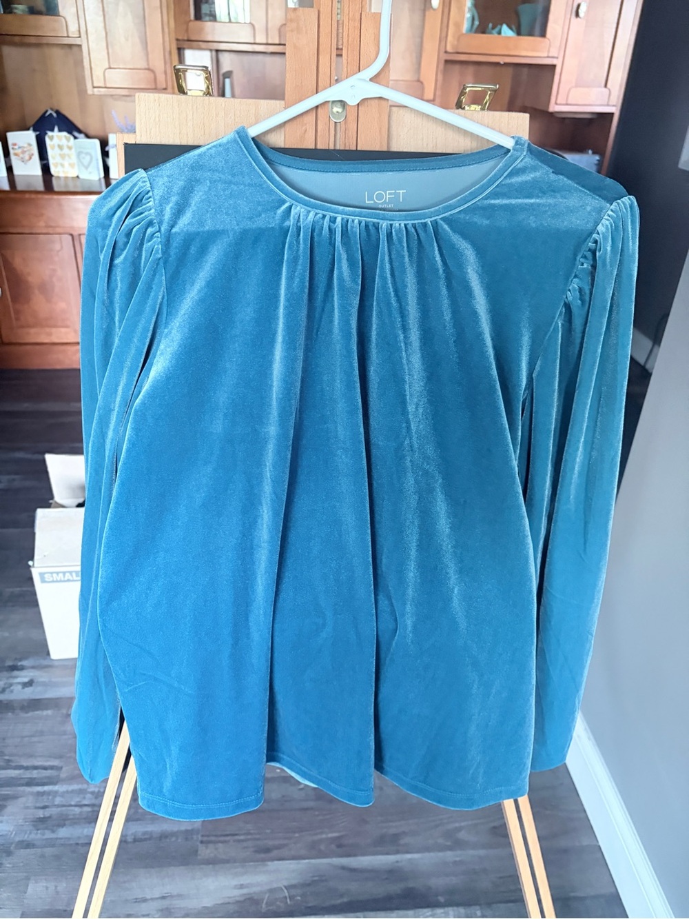 LOFT Teal Velvet Gathered Long-Sleeve Top